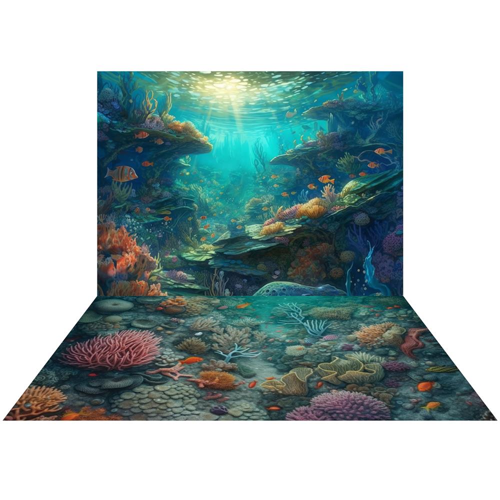 Kate Summer Underwater Ocean Reef Backdrop+Mermaid Ocean Reef Rubber Floor Mat