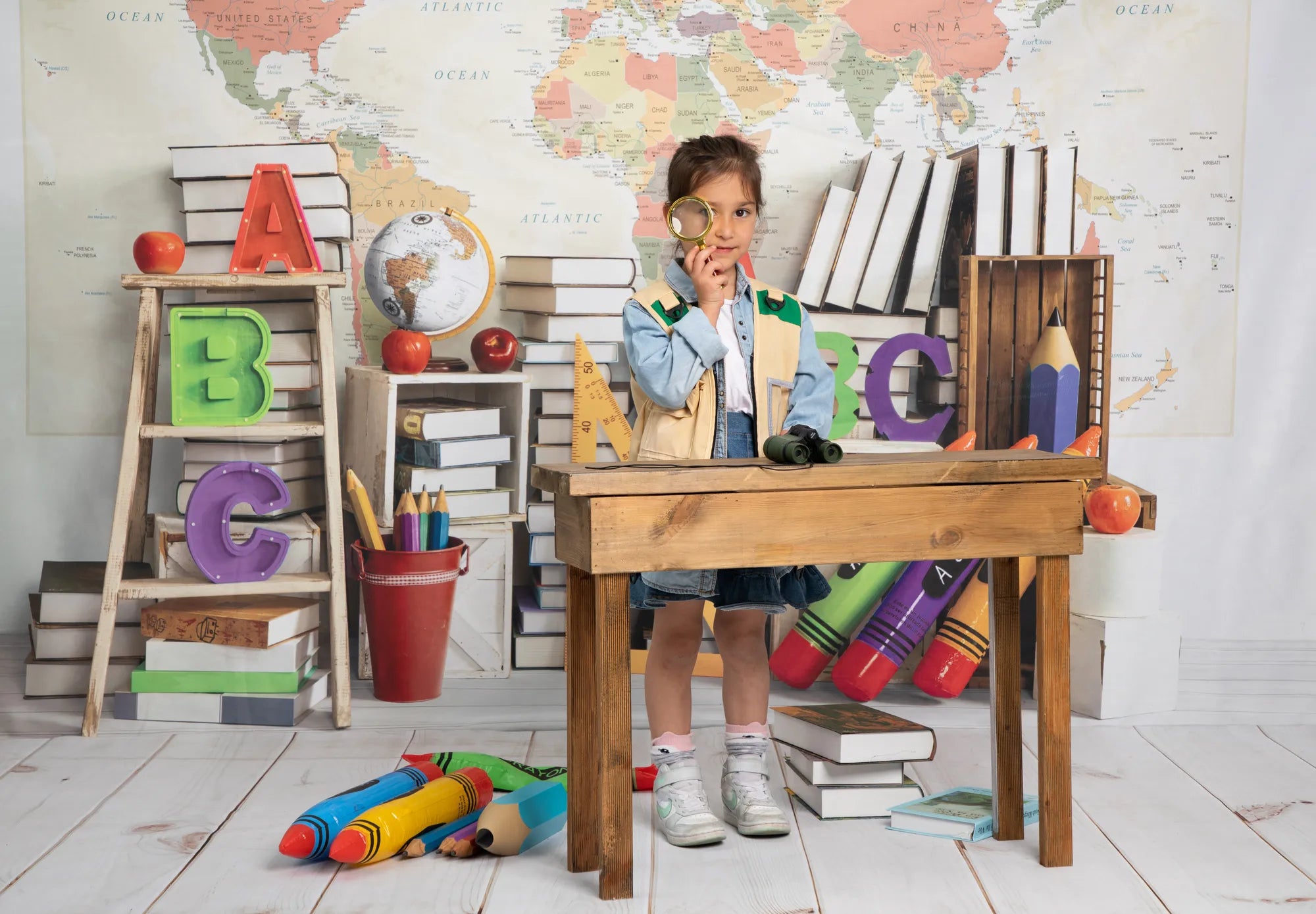 Kate Back to School World Map Book Shelf Backdrop Designed by Emetselch