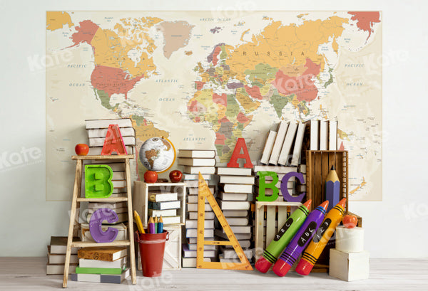 Kate Back to School World Map Book Shelf Backdrop Designed by Emetselch