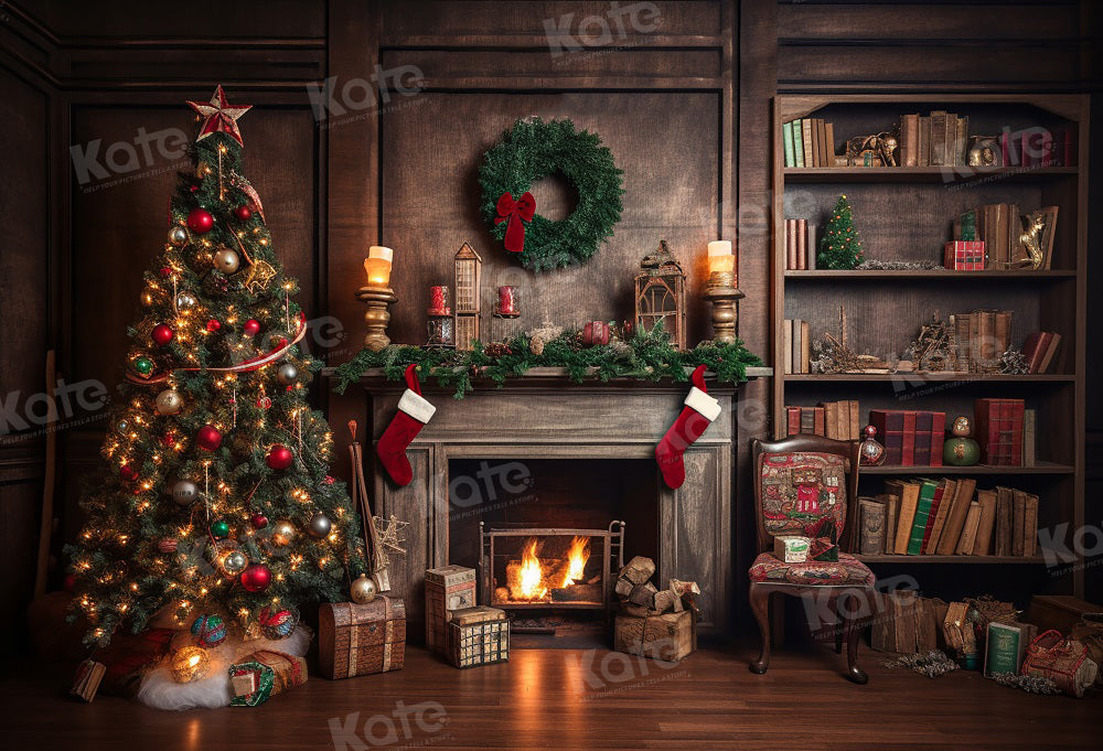 Kate Retro Christmas Tree Fireplace Santa Warm House Book Backdrop for Photography