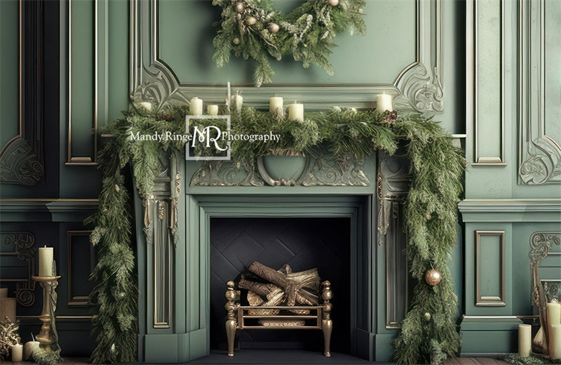 Kate Elegant Fireplace with Christmas Greenery Backdrop Designed by Mandy Ringe Photography