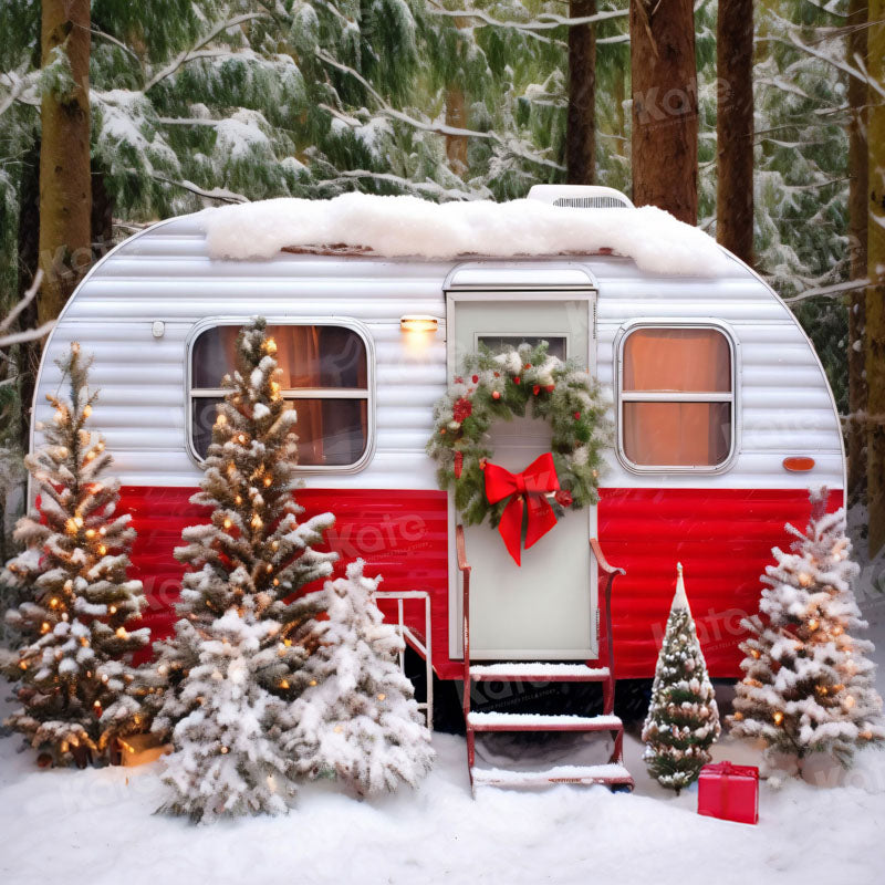 Kate Christmas Red Camping Car with Snow Tree Backdrop for Photography