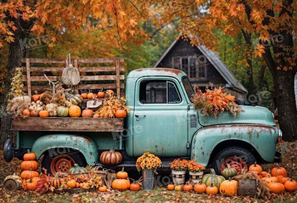 Kate Autumn Truck Golden Leaves Old House Backdrop Designed by Chain Photography