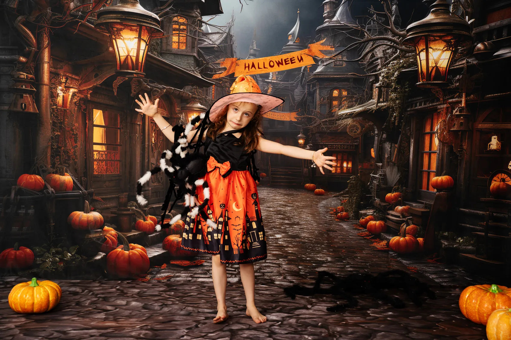 Kate Halloween Pumpkin Street Backdrop+Brown Stone Floor Backdrop