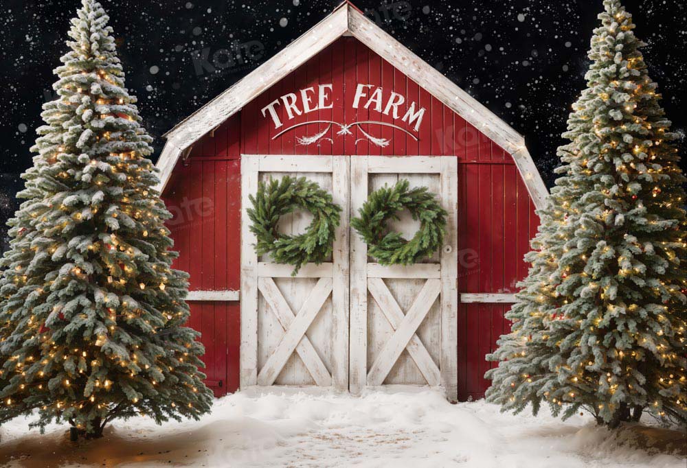 Kate Winter Christmas Tree Farm Red Barn Backdrop Designed by Chain Photography