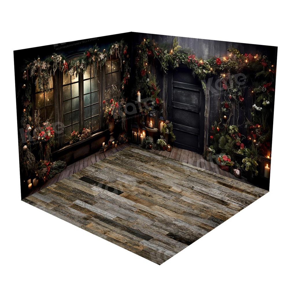 Kate Christmas Holly Window Door Black Room Set(8ftx8ft&10ftx8ft&8ftx10ft)
