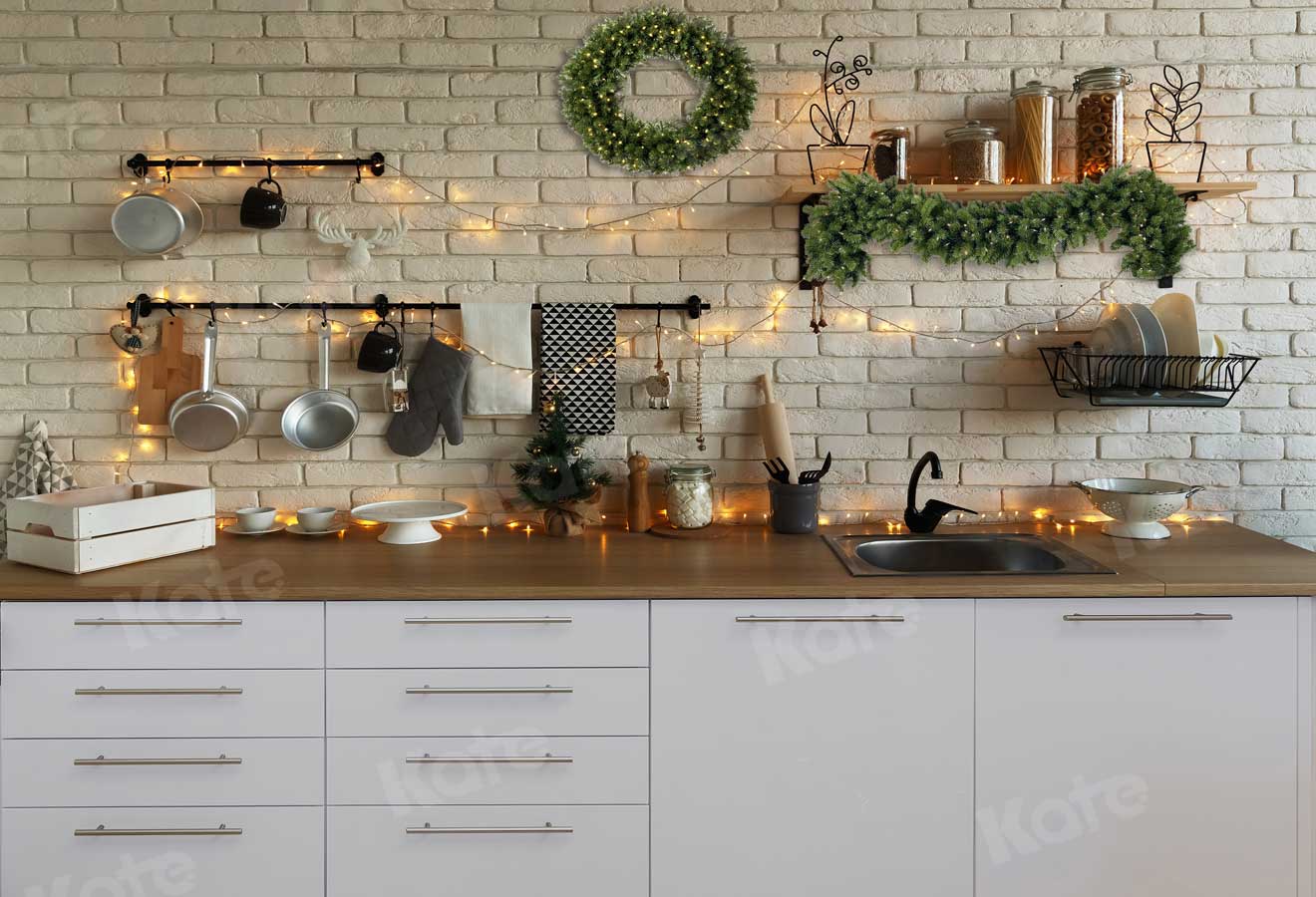 Kate White Brick Wall Christmas Kitchen  Backdrop Designed By Jerry_Sina