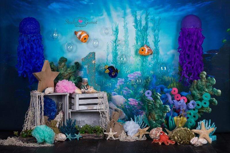 Katebackdrop鎷㈡綖Kate mermaid under sea 1st birthday cake smash summer backdrop designed by studio gumot