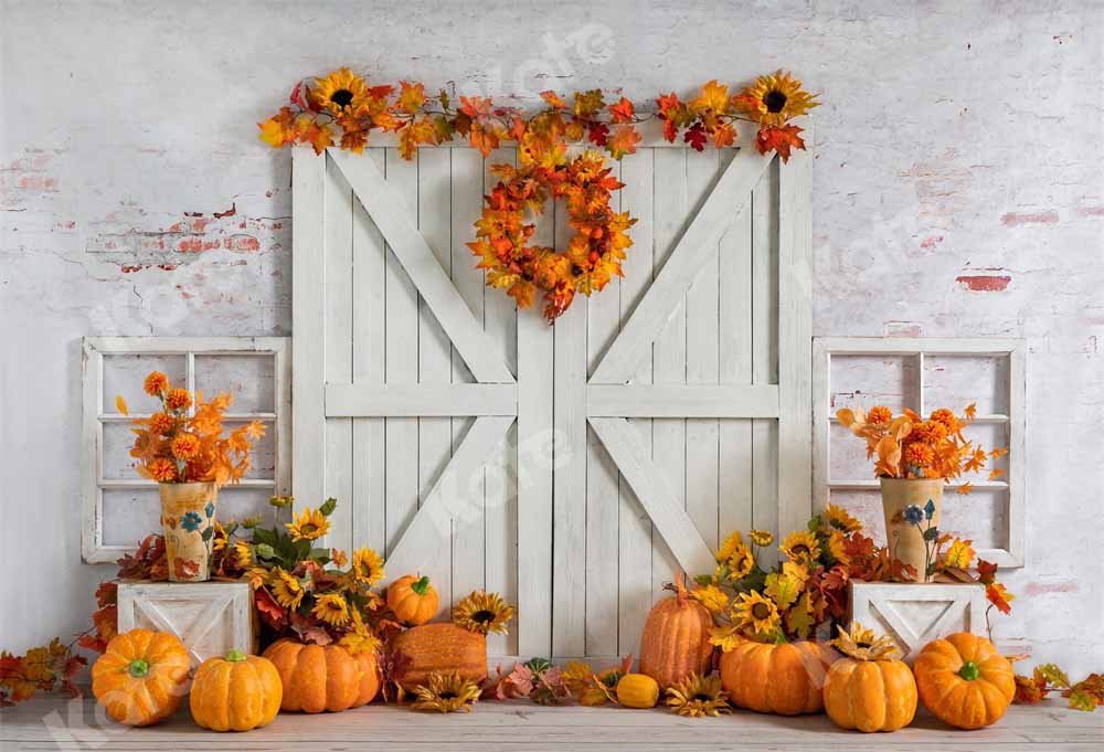Kate Autumn Pumpkin Backdrop White Barn Door Fallen leaves Designed by Emetselch